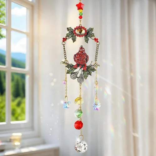 Vista 3 de H&D HYALINE & DORA Atrapasoles Cardinal en una Rama para Ventanas, Atrapasoles de Cristal de 44.45 cm con Cadena de Metal y Ganchos, Regalo