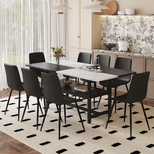 Vista 35 de Juego de mesa de comedor de 71 pulgadas para 6 personas con estante de almacenamiento, juego de mesa de comedor rectangular industrial moderna