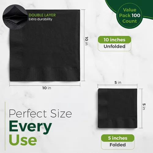 Vista 2 de Perfectware Servilletas de bebidas negras de 2 capas, 100 unidades, servilletas de cóctel suaves y absorbentes, servilletas desechables de fiesta