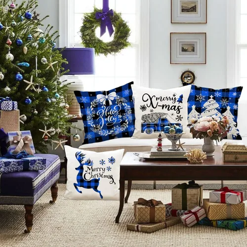 Vista 2 de Lanpn Juego de 4 fundas de almohada navideñas de 16 x 16 pulgadas, fundas decorativas de Navidad de 16 x 16 pulgadas, fundas de almohada a cuadros