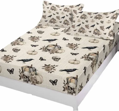 Vista 2 de Sábanas bajeras de bolsillo profundo de hasta 16 pulgadas, funda de colchón suave de Halloween con 1 funda de almohada decorativa para dormitorio