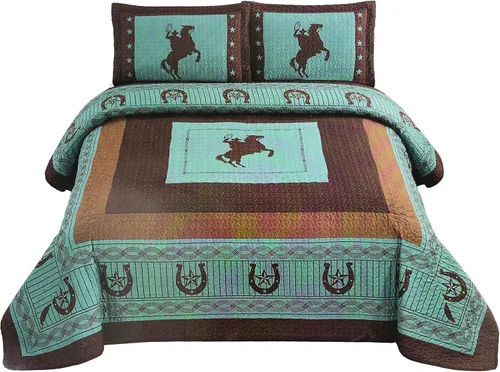 Vista 3 de Western Collection Colcha de lujo de 3 piezas con diseño de estrellas y caballos occidentales para el hogar, colcha de gran