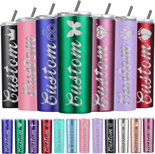 Vista 12 de Vasos delgados personalizados con tapas y pajitas, vaso delgado de acero inoxidable grabado con láser, vasos personalizados con nombre de 20 onzas