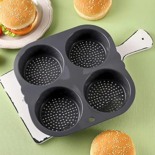Vista 3 de Molde de silicona para bollo de hamburguesa con 4 cavidades, molde antiadherente para panecillos de hamburguesas flexible, fácil de liberar, lavable