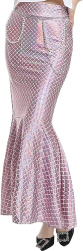 Vista 2 de ReneeCho Disfraz de sirena para mujeres adultas, traje de falda larga elástica brillante para Halloween, juego de rol, incluye cintura y cadena