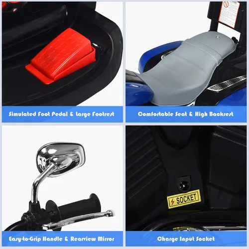 Vista 8 de HONEY JOY Motocicleta para niños, mini moto eléctrica de 3 ruedas con batería de 6 V, juguete de paseo con claxon y faro, pedal de pie, para niños