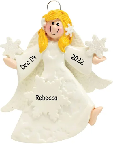 Vista 6 de Adorno de ángel personalizado 2025 – Adorno de ángel bebé rubio para niño, reloj de halo dorado, adornos de Navidad para bebé para alas de árbol