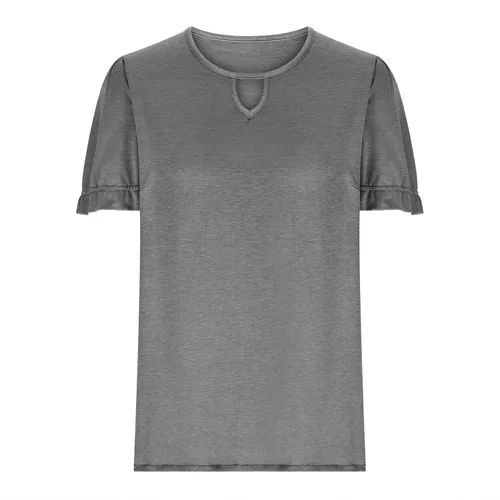 Vista 7 de DASAYO Camisetas de manga corta abullonada para mujer, color sólido, con abertura de cerradura, camiseta suelta para verano, casual, blusa para salir