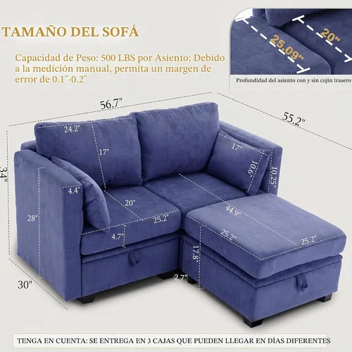 Vista 2 de Sofá con Otomano en Forma de L Pequeño con Asientos Almacenables de 57" Sofá Seccional Modular con Brazos y Respaldo Reclinables Sofá Convertible