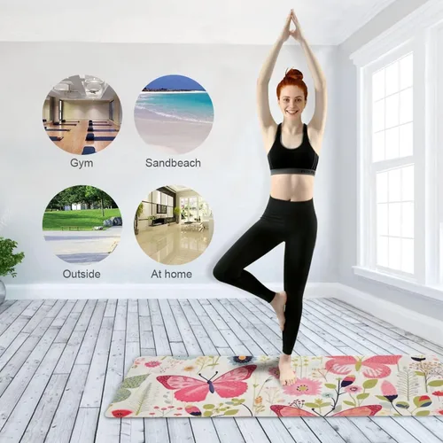 Vista 8 de Tapete de yoga con mariposas rosas para mujeres y hombres, 71 x 26 pulgadas, plegable, antideslizante, para pilates, aeróbicos, ejercicios de suelo