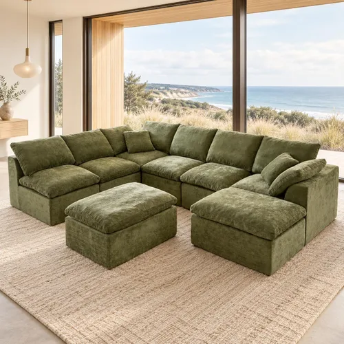 Vista 11 de Sofá modular en forma de L de 102 pulgadas para sala de estar, moderno sofá modular con otomana, cómodo sofá de espuma viscoelástica de felpilla sin