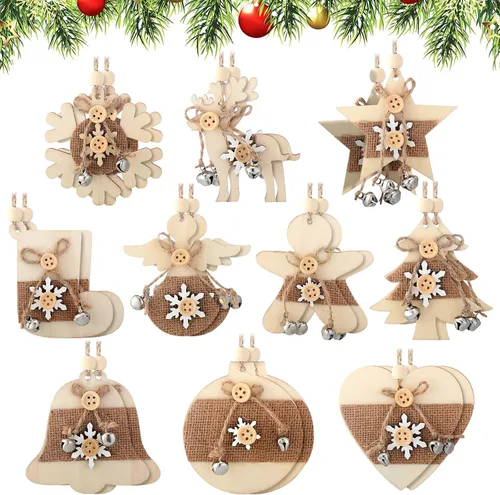 Vista 8 de Soaoo 20 adornos rústicos de madera de Navidad para árbol de arpillera