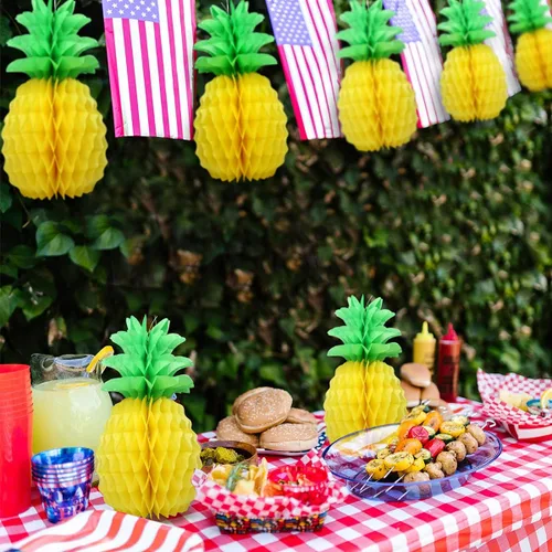 Vista 4 de 9 piezas de decoraciones de piña de 14 pulgadas para fiesta de flamenco tropical, fiesta de verano hawaiano Luau fiesta, piña panal, centros de mesa