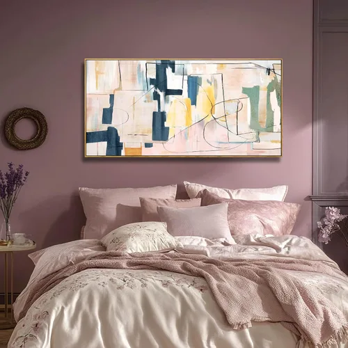 Vista 3 de Artexist Arte de Pared de Lienzo Abstracto Grande Pintura Rosa Decoración de Dormitorio Amarillo Arte Azul Marino Impresiones de Arte Fotográficas
