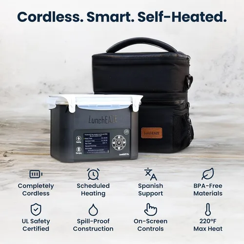 Vista 2 de LunchEAZE Pro Lonchera Calentable Sin Cable – Con Batería, Capacidad de 4 Tazas, Máx. 220°F, Calefacción Programada Automática, Incluye Bolsa