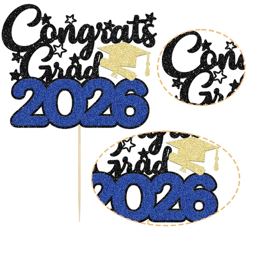 Vista 3 de Gyufise 1 decoración de pastel de graduación azul 2024 de felicitaciones para tartas de graduación 2024, decoración de pastel con purpurina