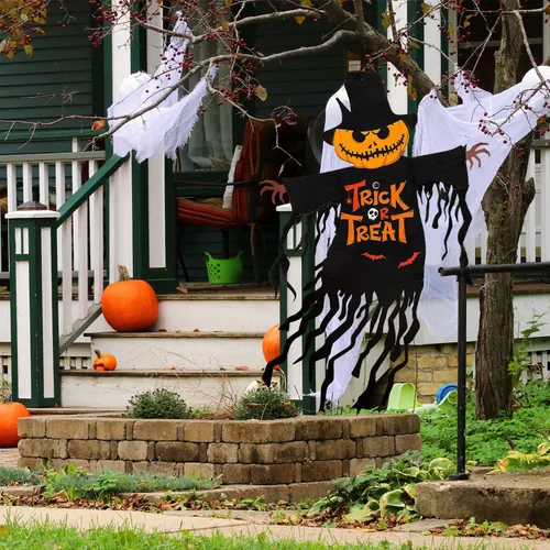 Vista 5 de Bandera de Jardín de Halloween para Exteriores Decoraciones al Aire Libre Impresas Doble Cara, Calabaza Fantasma Banderas de Patio para Invierno