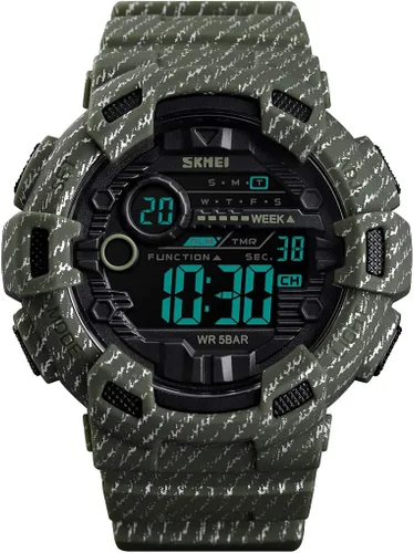 Vista 2 de FANMIS Reloj deportivo digital LED para hombre, militar, multifunción, alarma de doble hora, cronómetro, 12H24H, retroiluminación de 164 pies, 164.0