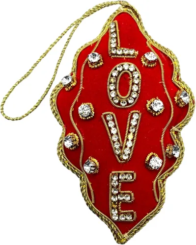 Vista 16 de Adorno de Navidad adornado con corazón verde, bordado Zari Zardozi dorado con cuentas y perlas de imitación, bolsa de presentación