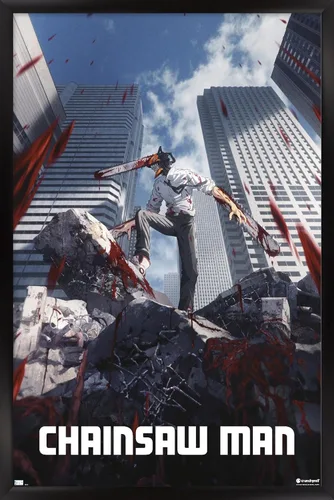 Vista 8 de Chainsaw Man - Póster de pared de arte clave, 22.4 pulgadas de largo x 14.7 pulgadas de ancho, versión enmarcada de madera de granero