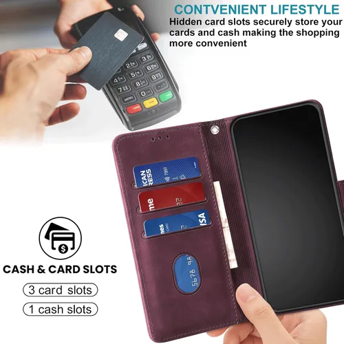 Vista 6 de Funda tipo cartera para iPhone 14 Plus, color borgoña Bloqueo RFID, soporte para 3 tarjetas, carcasa de TPU a prueba de golpes, cierre magnético