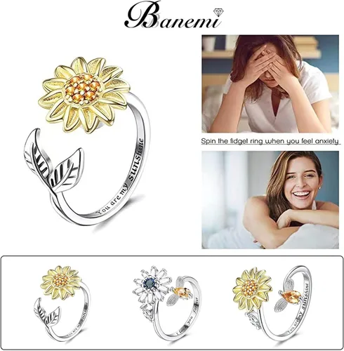 Vista 3 de Banemi Anillos antiestrés para la ansiedad para mujeres, anillo giratorio de flor de circonita cúbica, regalo de joyería para esposa, niña, día