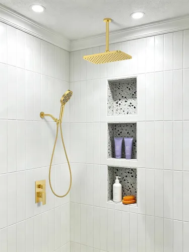 Vista 4 de 11" Brushed Gold Rainfall Shower System – Complete Spa Faucet Set with Filtered Handheld Sprayer & Mixer Valve – Modern High Pressure Bathroom