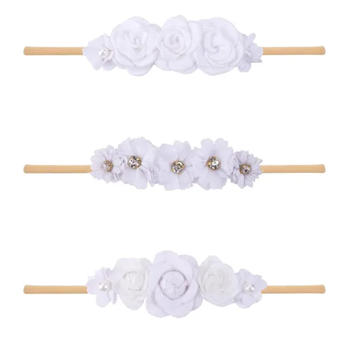 Vista 21 de Diadema floral de nailon para bebé, corona de flores, banda elástica para el cabello, 3 piezas, accesorios para el cabello, regalo para niñas, 2#