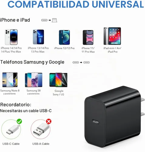 Vista 6 de Cargador para iPhone de carga rápida USB C, cargador tipo C, carga iPad con cable de carga C de 6 pies, compatible con iPhone14/14 Pro Negro