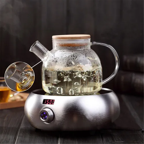 Vista 6 de Teabloom Tetera de vidrio segura para estufa con tapa de bambú (40 onzas/40.6 fl oz) + boquilla de filtro de té de hojas sueltas + 2 tés