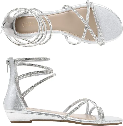 Vista 2 de DREAM PAIRS - Sandalias de cuña baja para mujer, con correa al tobillo y diamantes de imitación
