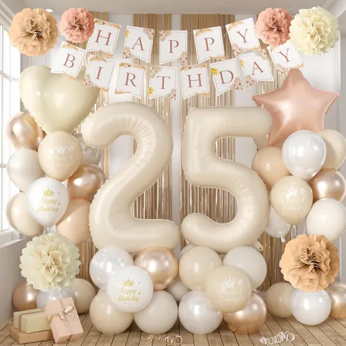 Vista 11 de Decoraciones de cumpleaños número 13 en crema para niñas, globos beige con número 13 en forma de corazón y estrella marrón, globos neutros
