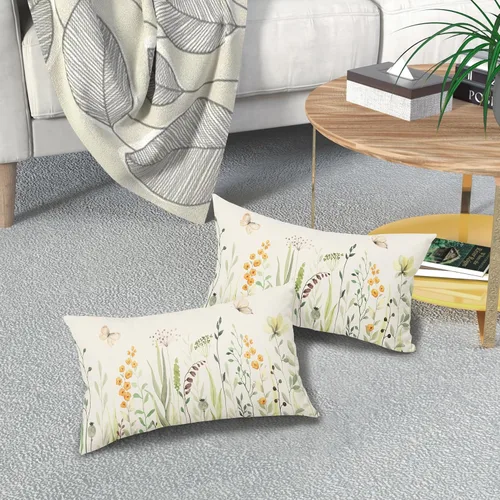 Vista 7 de Kawani Fundas de almohadón lumbar florales para primavera y verano de 12x20 pulgadas, flores silvestres amarillas y hojas verdes con mariposas