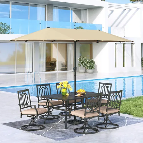 Vista 26 de MFSTUDIO Juego de mesa de comedor para patio al aire libre con paraguas, 4 sillas giratorias y 1 x 37 cuadrado Bistro forjado Iorn Slat mesa grande