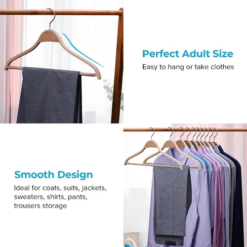 Vista 3 de JS Hanger Perchas de madera para abrigos, paquete de 10 perchas de madera ligera para abrigos/trajes con barra antideslizante para pantalones