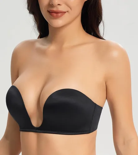 Vista 3 de Lemorosy Sujetador acolchado sin tirantes para mujer, diseño de alfombra roja con escote en V profundo, convertible, con relleno, corte bajo, sexy