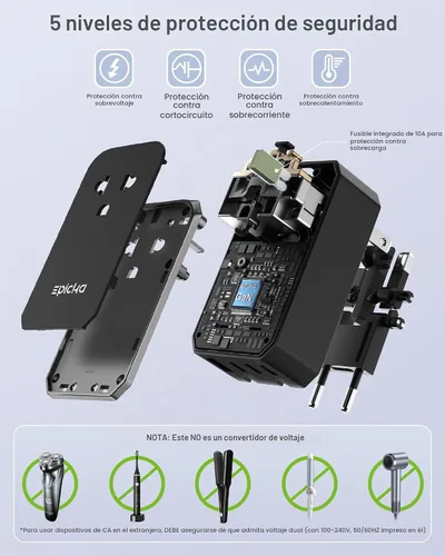 Vista 8 de EPICKA Air 40W Universal Travel Adapter PD&QC with 1AC/3USB-C/1USB-A 40W-Negro