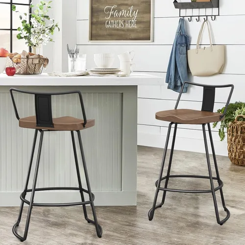 Vista 6 de Taburetes de bar giratorios de 24 pulgadas con respaldo, juego de 2 sillas de bar de metal con asiento de madera, taburetes de bar industriales