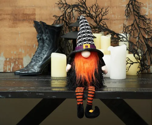 Vista 2 de GALLERIE II Muñeca de gnomo grande de Halloween con patas colgantes, estante LED, figura de niñera, cosecha, otoño, espeluznante, aterradora