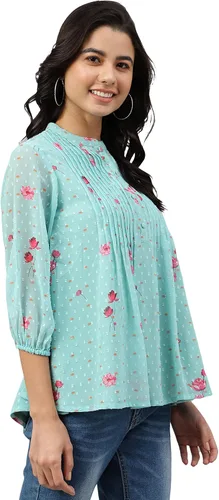 Vista 5 de Janasya Indian Sea Green Dobby Georgette - Camiseta acampanada con estampado floral para mujer