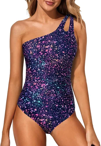 Vista 12 de Women's One Shoulder One Piece Tummy Control Swimsuit Full Coverage Diseño de ojo de cerradura, ajuste de cobertura completa, estilo modesto Negro