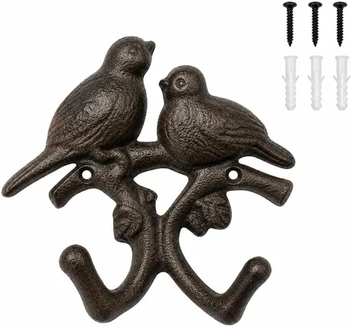 Vista 10 de Comfy Hour Ganchos para abrigos de pájaro de 5.4 pulgadas, montaje de pared doble de hierro fundido Soporte para llaves de pájaro, marrón antiguo