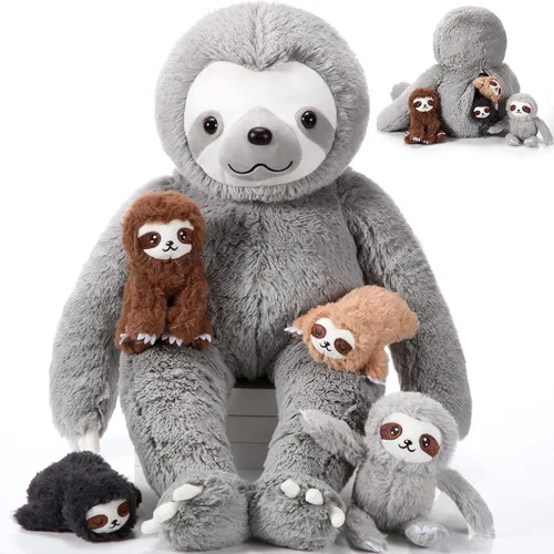 Vista 8 de Kasyat Juego de 5 juguetes de peluche de perezoso de 13 pulgadas con 4 lindos peluches de bebé en vientre con cremallera para niños, regalos