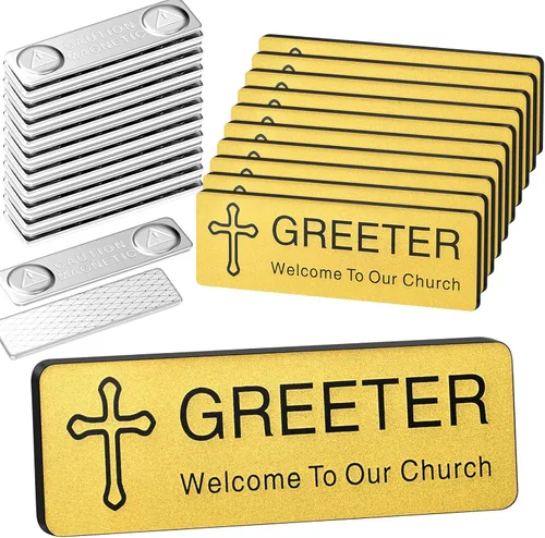 Vista 8 de Sabary 10 etiquetas magnéticas con nombre para la iglesia, con texto en inglés "Welcome to Our Church", etiqueta personalizada de 1 x 3 pulgadas