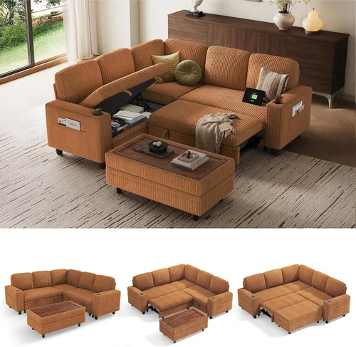 Vista 38 de LINSY HOME Sofá cama seccional con sofá cama extraíble para sala de estar (azul) Plush Corduroy