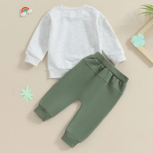 Vista 6 de Xiaodriceee Sudadera de manga larga con estampado de trébol para bebé niño con pantalones largos, ropa de otoño