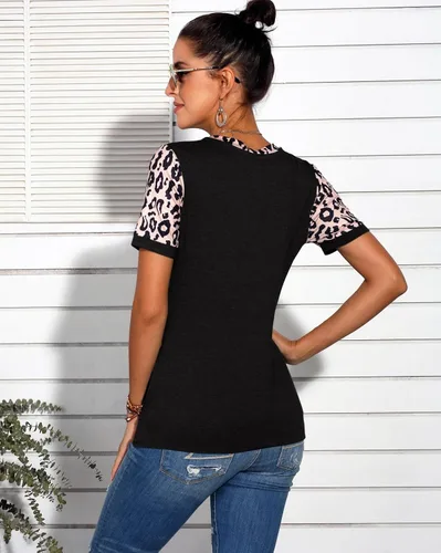 Vista 2 de Decual Camisetas de algodón con estampado de leopardo para mujer, camisetas básicas casuales