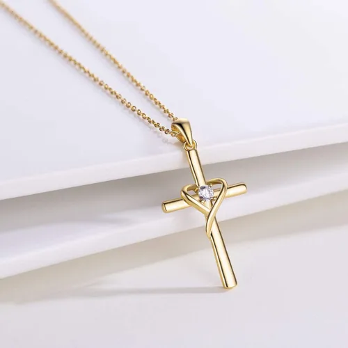 Vista 4 de AmorAime Collar con cruz de plata de ley 925 para mujeres y hombres, chapado en oro de 14 quilates, collares de piedra natal de circonita cúbica 5A