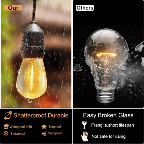Vista 4 de Tira de luces para exteriores, luz de patio de 100 pies con 32 bombillas Edison regulables S14 inastillables, iluminación exterior resistente al