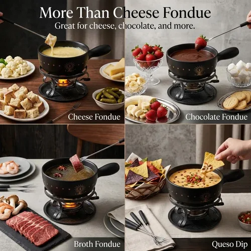 Vista 4 de Artestia Juego de ollas de cerámica para fondue de 2.11 cuartos de galón, soporte de metal con 6 tenedores de fondue y patrón de Alpes suizos